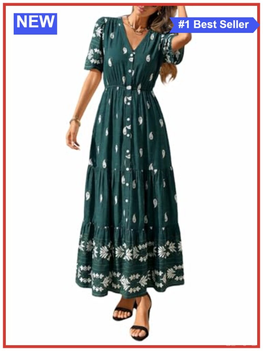 Boho Floral Maxi Dress Short Sleeve V Neck Fit & Flare Women Casual